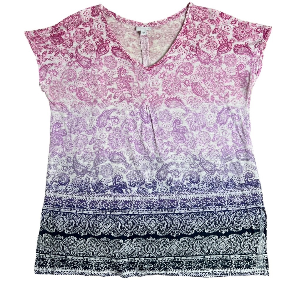 J. Jill Love Linen Multicolor Paisley Bandana Print Short Sleeve Shirt SZ L‎